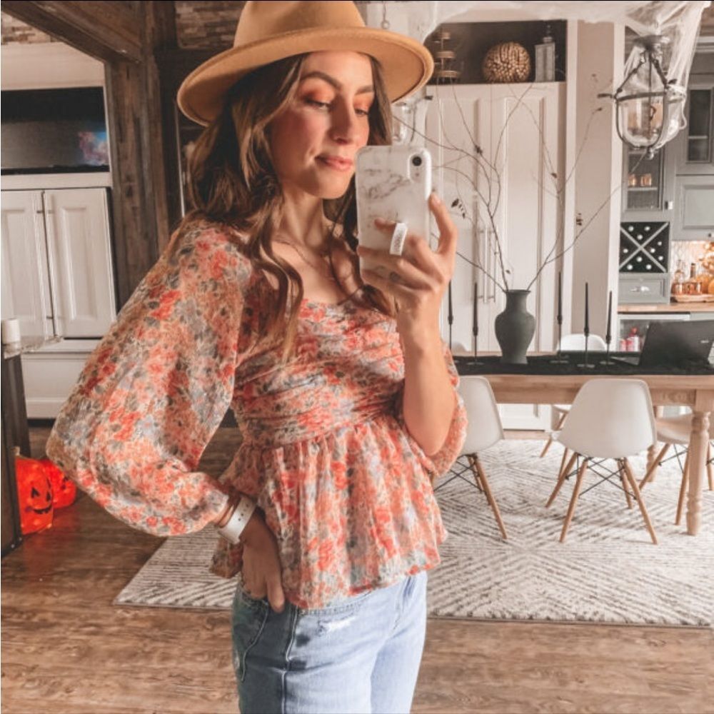American Eagle Floral Smocked Peplum Top Puff Sleeve Cottagecore Boho M